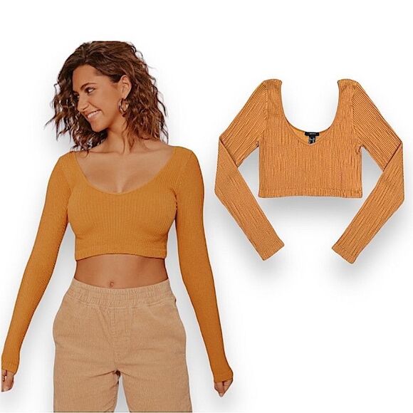 Forever 21 Orange Long Sleeves Cropped Top M/L - Picture 1 of 8